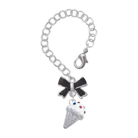 Delight Jewelry 3-D Vanilla Ice Cream Cone with Crystal Sprinkles - Silvertone Black Bow Charm Accessory for Tumblers and Thermal Cups
