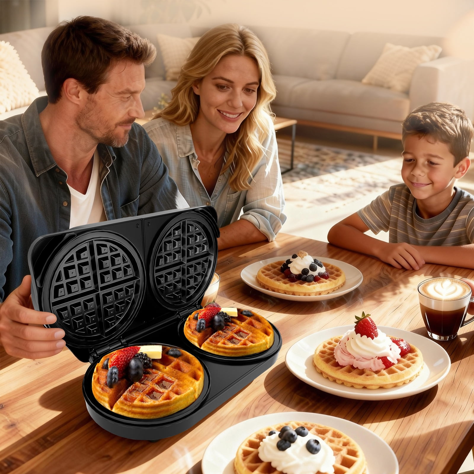 OSTBA Double Waffle Maker, 1400W Belgian Waffle Maker, 6 Inch Waffle Iron with 2 Independent Adjustable Temp Knobs & Indicator Lights, Easy-Clean Nonstick Plates, Stainless Steel, Black