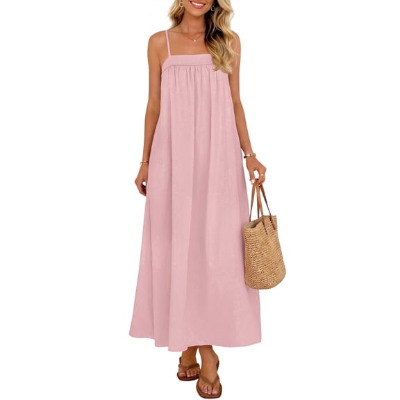 Merokeety Womens Summer Dresses Boho Spaghetti Strap Square Neck Linen Blend Maxi Sundress Pink l