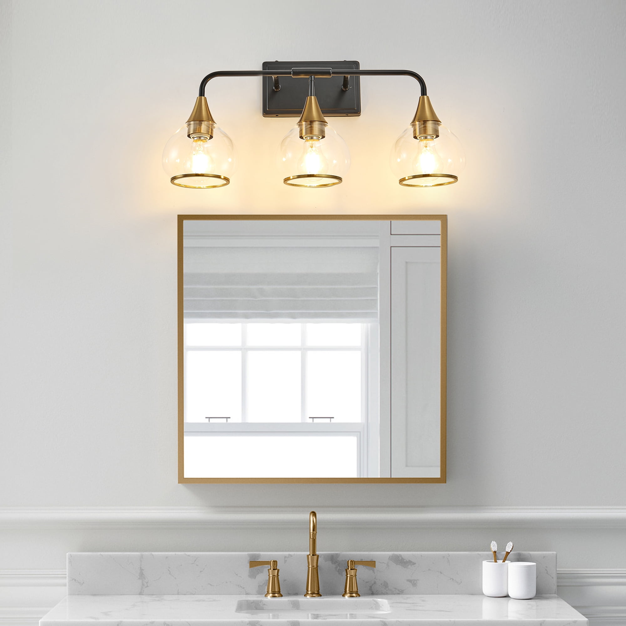 Art Deco 3-Light Vanity Light Fixture,  Bathroom Wall Sconce with Clear Glass Shades, Black and Gold, 23 Inch Modern