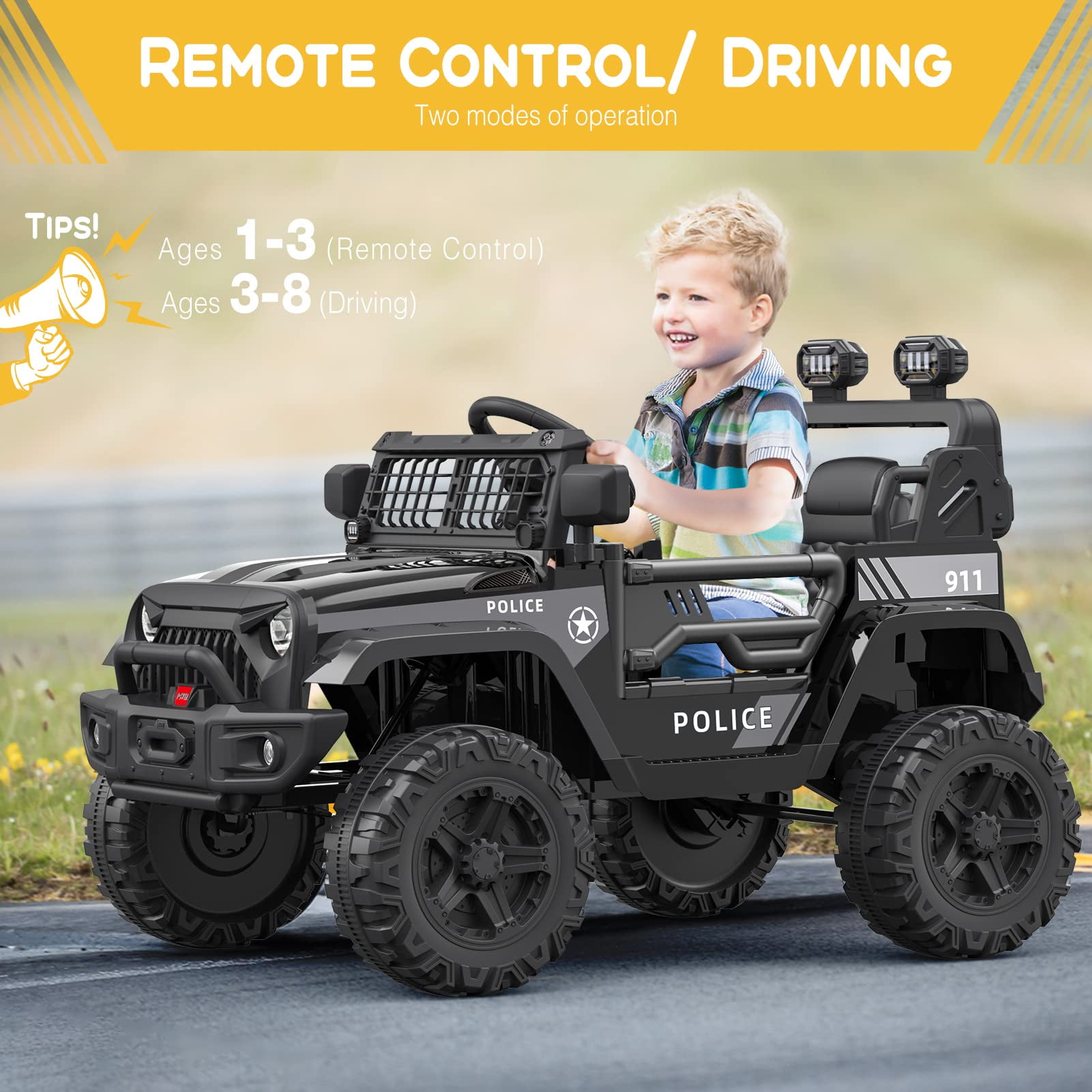 Ride on Truck Car 12V Kids Electric Mini Jeep with Remote Control Spring Suspension, LED Lights, Bluetooth, 2 Speeds (Black)