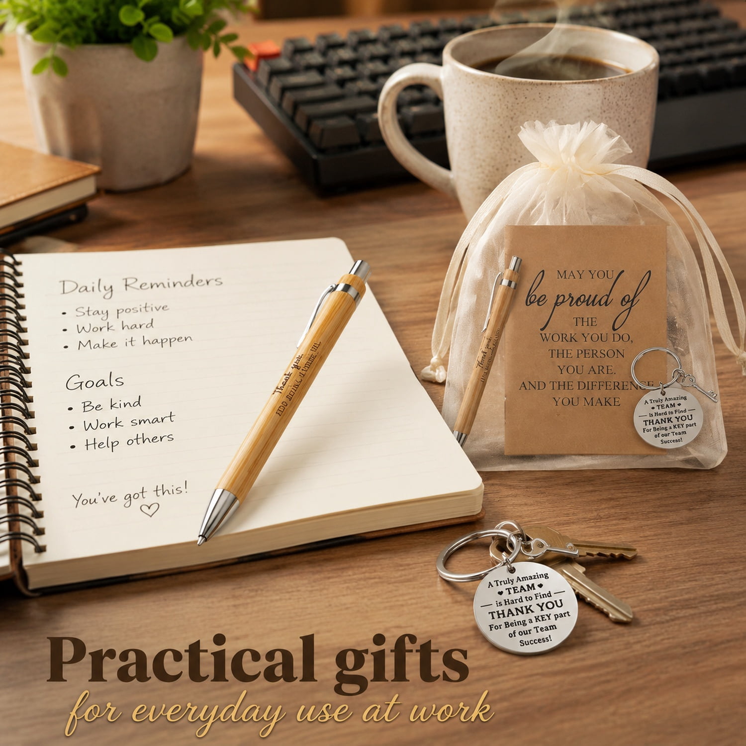 40 Pcs Employee Appreciation Gifts Bulk - Motivational Pocket Notebooks, Natural Bamboo Pens, Gratitude Keychains, Sheer Organza Bags - Team Gifts for Employees, Volunteers, Nurses, Teachers, Colleag