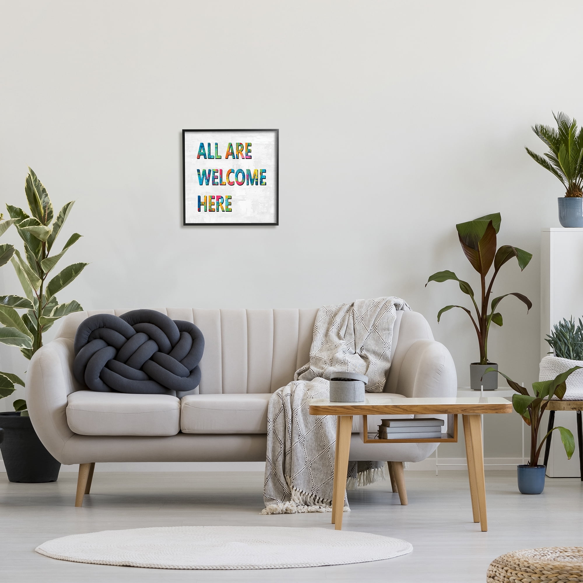 All Are Welcome Here Phrase Fun Bold Typography Typography Framed Art Print Wall Art, 17x17