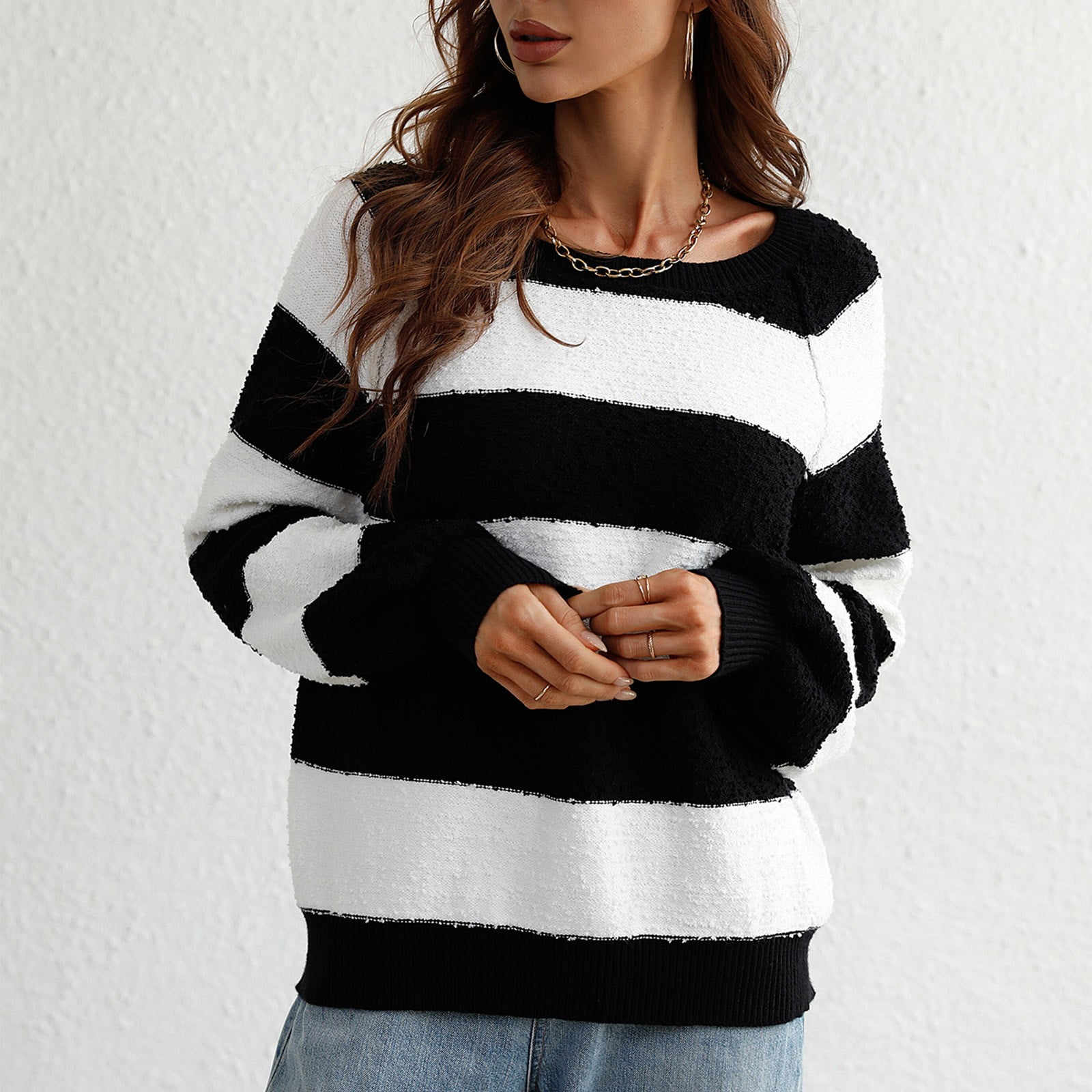 Cuhas Womens Fashion Sweaters for Women Plus Size Autumn And Winter  Splicing Knit Round Neck Long Sleeve Striped Sweatshirts for Women Black 1X  