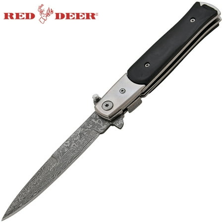 Pocket Bowie Black Wood Handle - DAMASCUS BLADE Black Wood Handle Assist Open POCKET KNIFE