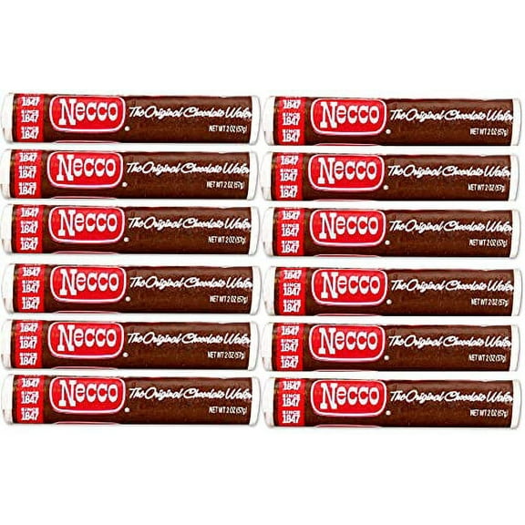 Necco Wafers Original Chocolate Flavored Hard Candy Rolls Bundle of 12 Rolls 2 Ounce Pack of 12