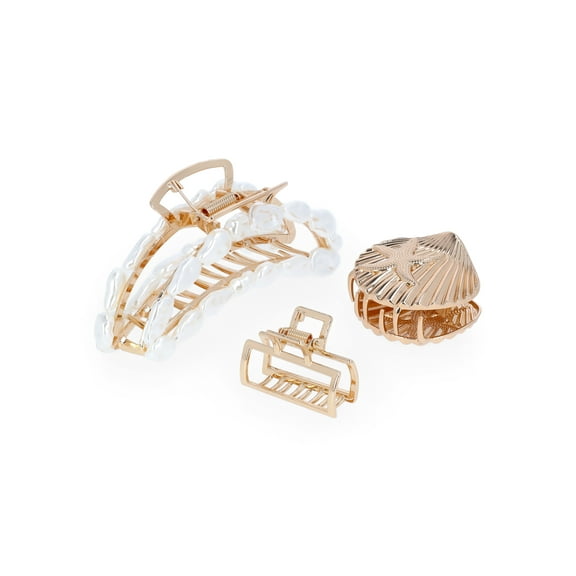 Time and Tru Women's Gold Tone Metal Claw Clip Set with Faux Pearl Embellishments, 3-Piece