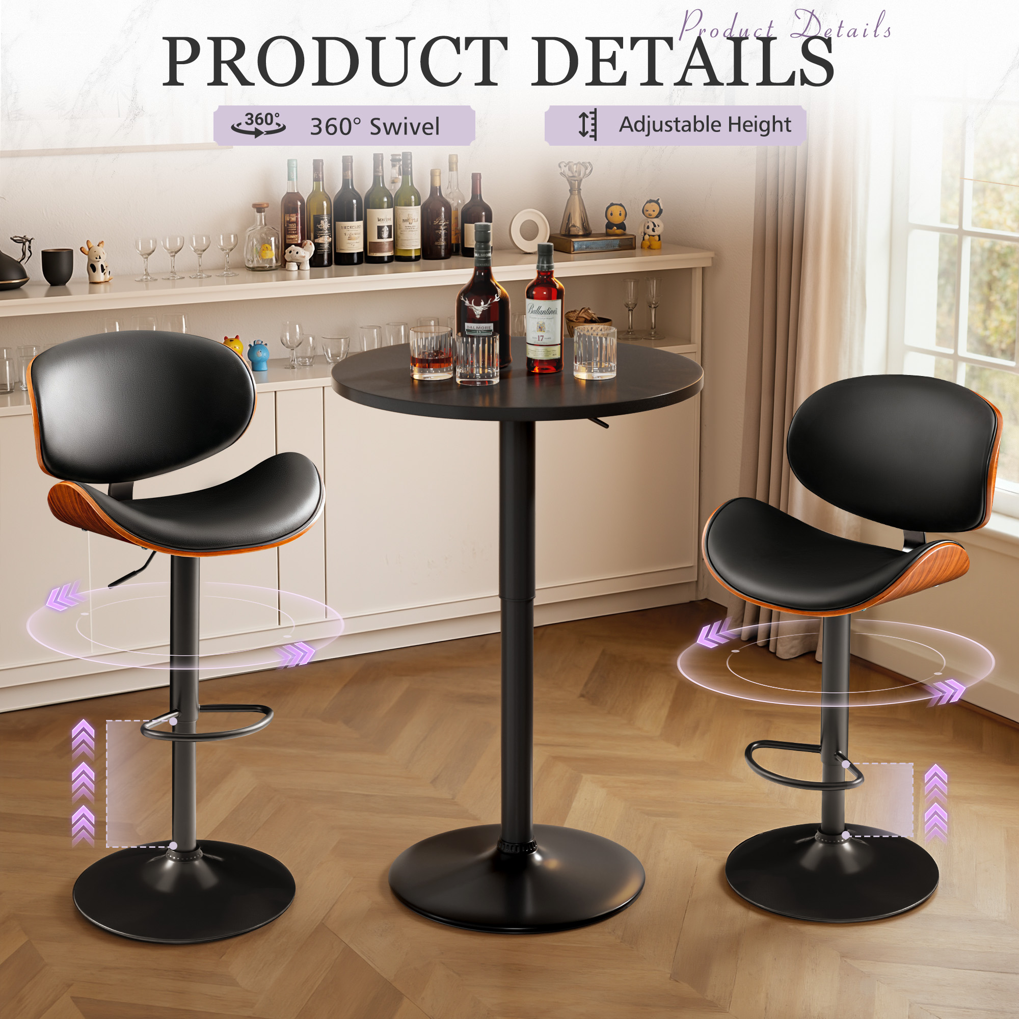 Homall Bar Stools Set of 2 Swivel Counter Height Bar Chairs Upholstered Bentwood Barstools with Back and Footrest for Kitchen, Coffee Bar, Black