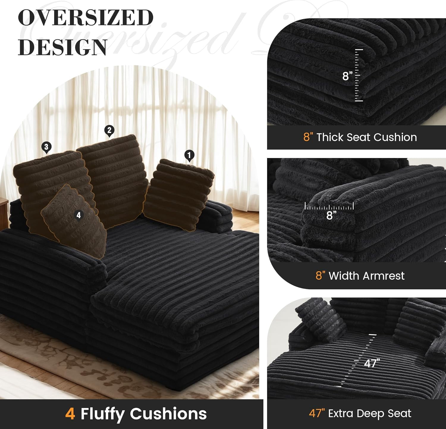 Gelloan Oversized Chaise Lounge Chair Indoor, Upholstered Sofa Bed with Throw Pillows and Armrests, Sleeper Chair for Living Room, Bedroom,Black