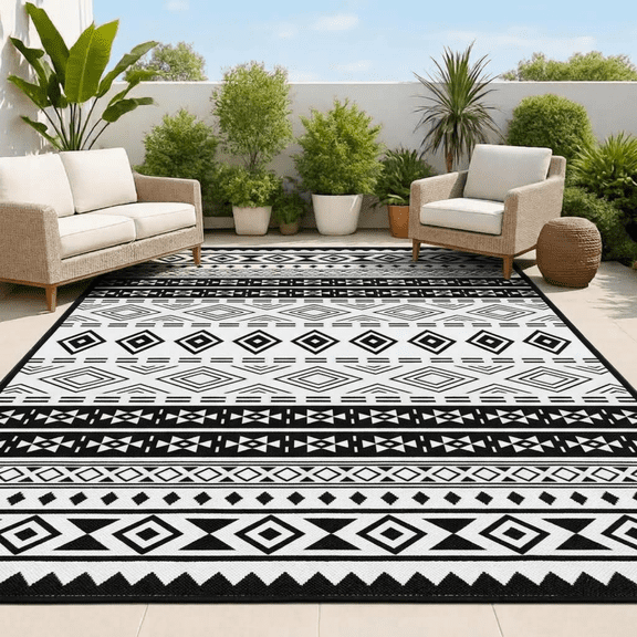 BN-LINK 6' x 9' Waterproof Outdoor Rug with Storage Bag, Reversible Plastic Straw Large Area Rug, Easy-Cleaning Modern Floor Mat for Outdoors, RV, Patio, Backyard, Deck, Picnic, Beach
