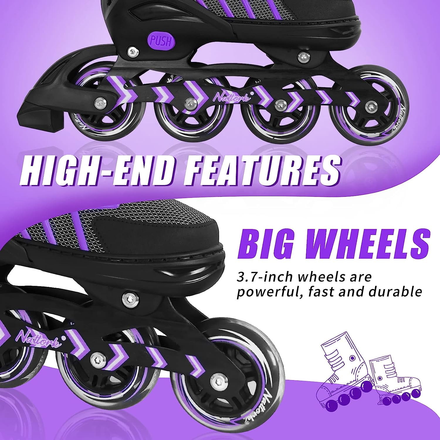 SubSun Inline Skates for Adults Men Women Adjustable Aggressive Durable Roller Blades with Giant Wheels Purple L