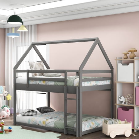 Bunk Bed Twin Over Twin  Wooden Bunk Beds with Guard Rail  House Bed Frame with Ladder for Kids Teens Adults  Gray