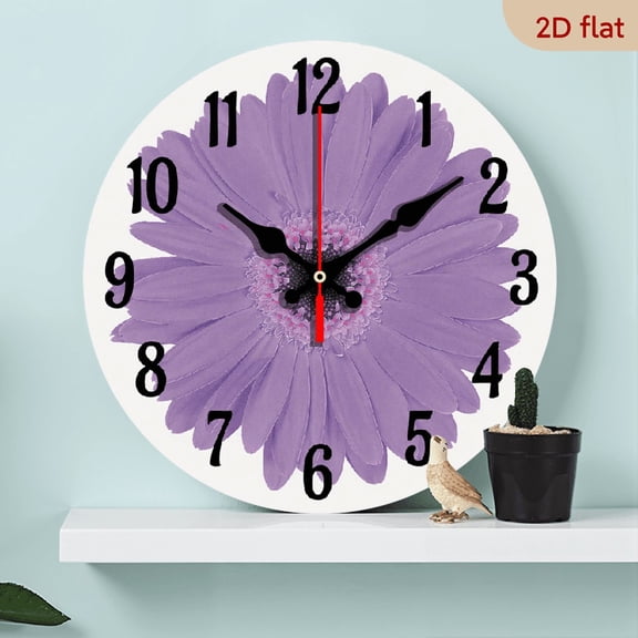 2D Flat 1pc 10Inch beautiful purple chrysanthemum round wooden wall clock, silent clock, floral wall clock suitable for home living room, bedroom, kitchen, school classroom office decoration