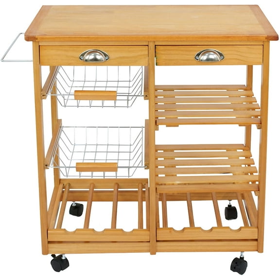 CQAOE 4-Tier Rolling Kitchen Island Cart with Wine Rack, Storage Drawers, Shelves, Towel Rack, Mobile Utility Microwave Cart for Dining Room and Kitchen