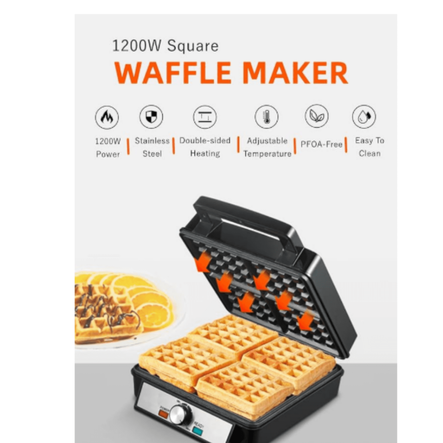 1200W Belgian Waffle Maker 4-Slice, Stainless Steel, 5 Browning Levels, Non-Stick Surfaces, Silver/Black, FOHERE - Perfect for Family Breakfasts (Black)