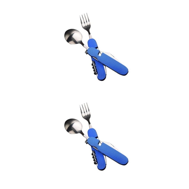 Greeniant Juego de vajilla plegable 6 en 1 para exteriores, herramienta de cubiertos multifuncional desmontable de acero inoxidable, para viajes, Azul 2piezas
