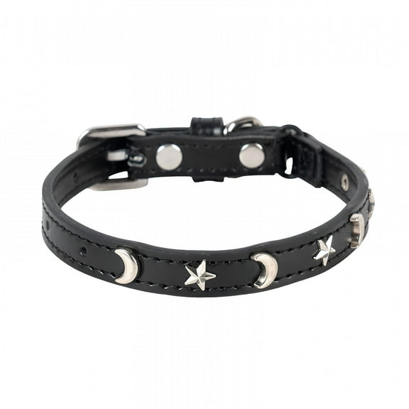 GASTROPOD Leather Cat Collars for Boy Girl Cats with Bell and Safety Elastic Belt, Personalized Star and Moon Stud Adjustable Safe Buckle Collar for Kitty Small Big Cats Size 8-12 Inch