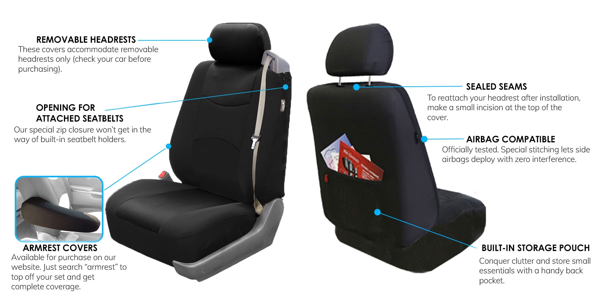 FH Group Universal Fit Cloth Car Seat Covers, Built-in Seat Belt Front Set - Black FB351102BLACK