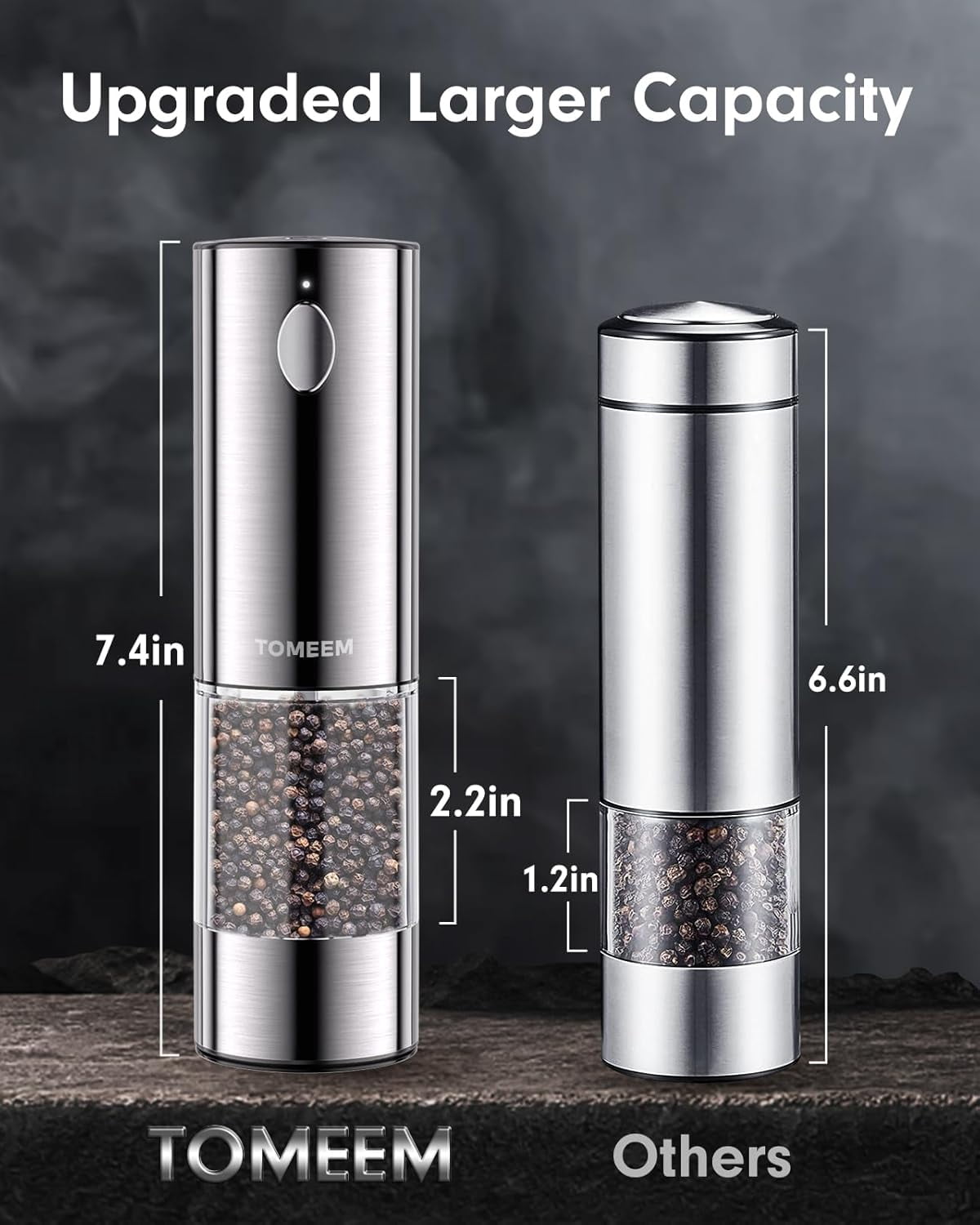 Tomeem Salt and Pepper Shaker Set with LED Lights and Salt Grinder Refillable with 6 Adjustable Coarseness Electric Salt and Pepper Grinder Set