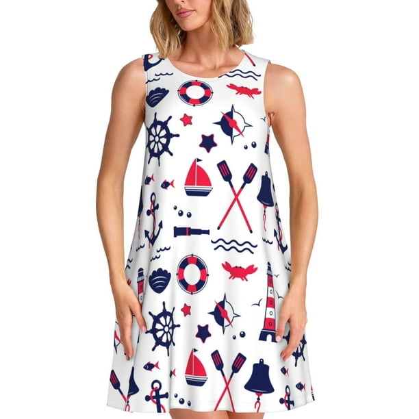 Easygdp Sailing Marine Travel para Vestido Transpirable de Mujer, Vestido Suelto de Manga Corta con Pliegues y Bolsillos para el Verano