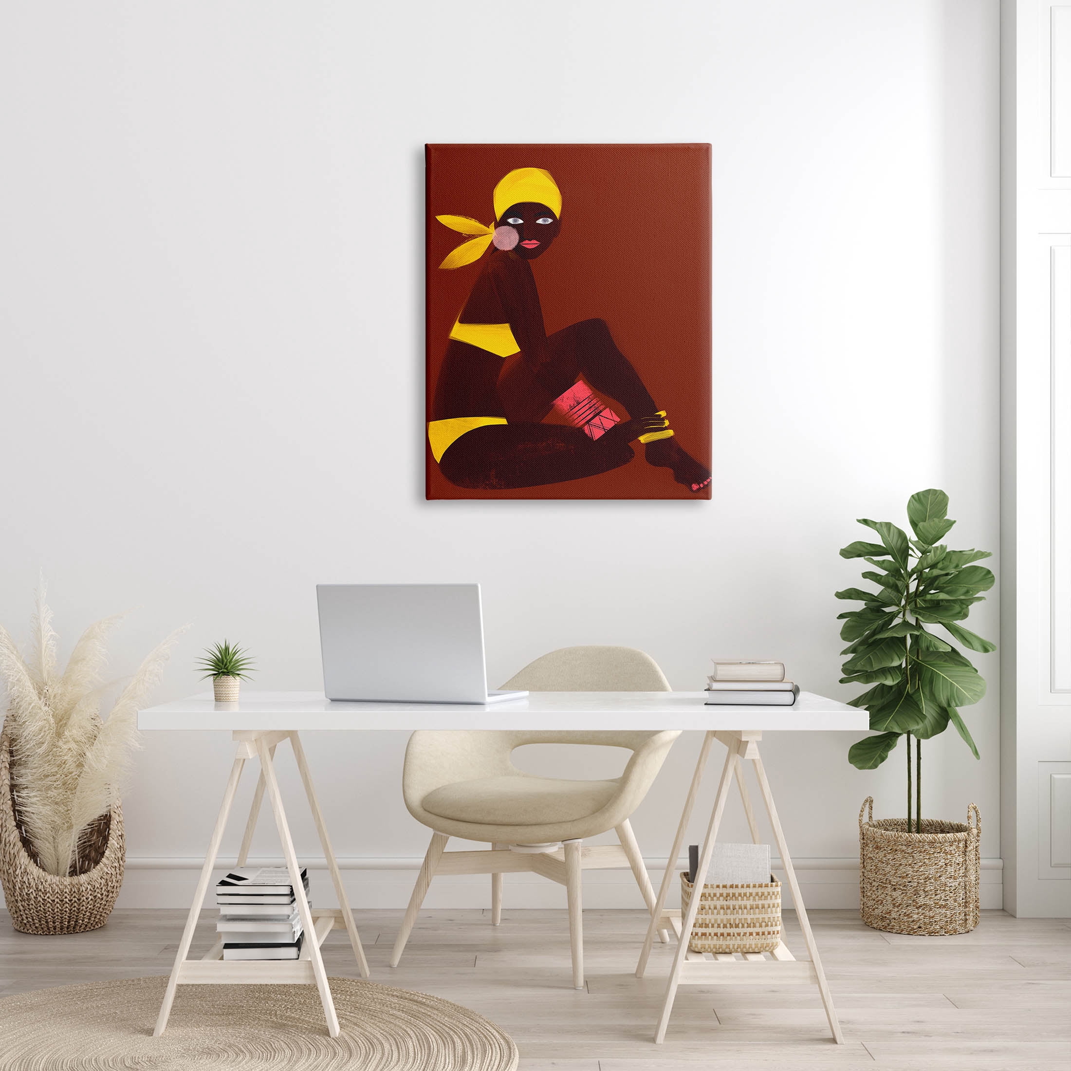 Woman Sitting Yellow Swimsuit Abstract Graphic Art Gallery Wrapped Canvas Print Wall Art