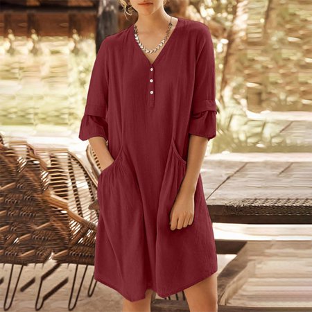 

Jsaierl Cotton Linen Dresses Women Casual Summer Short Sleeve Midi Dress Loose Fit Solid Color V Neck Dress Vacation Beachy Dresses 2023