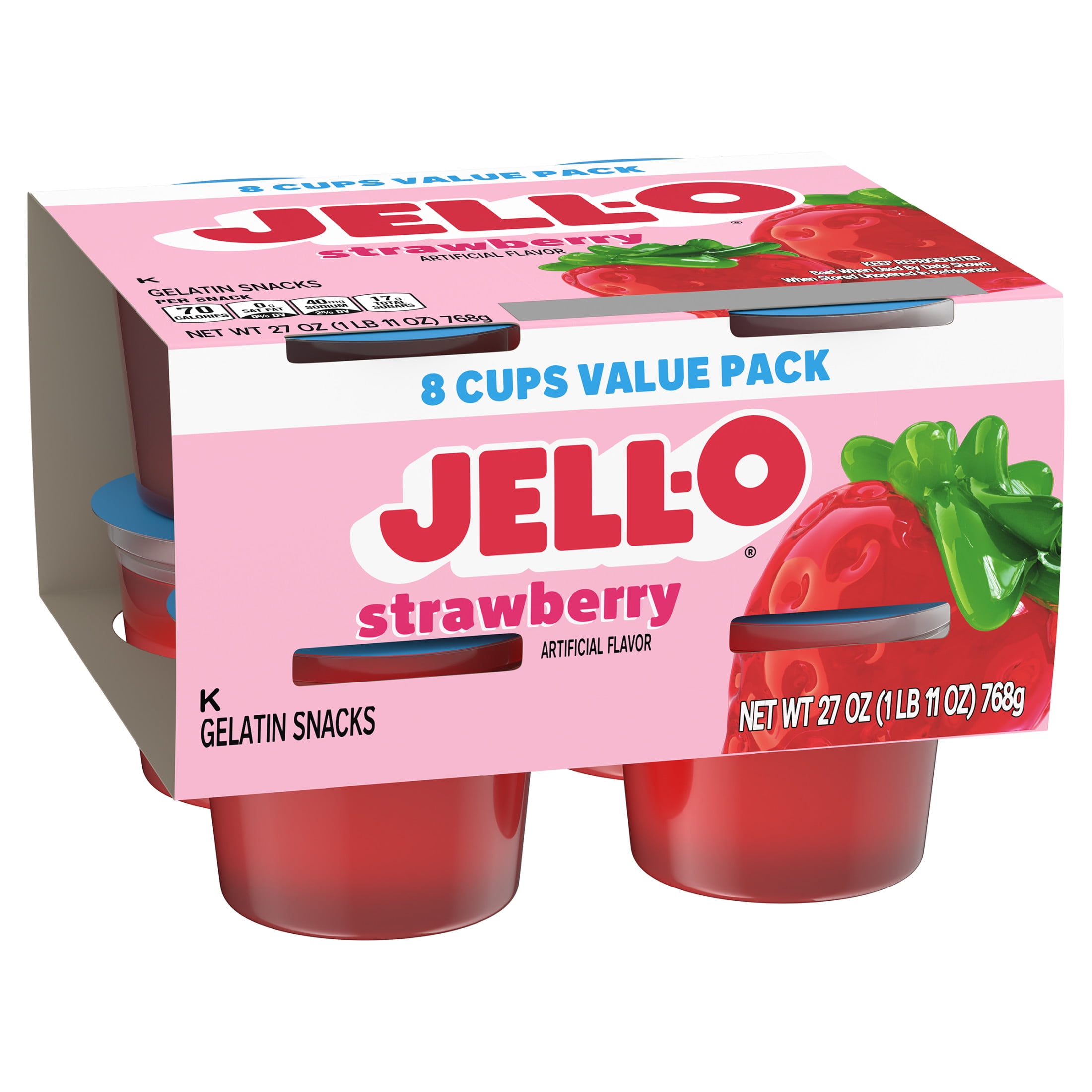 Jell-O Original Strawberry Artificially Flavored Ready-to-Eat Snack Cups Gelatin Value Pack, 8 ct Cups