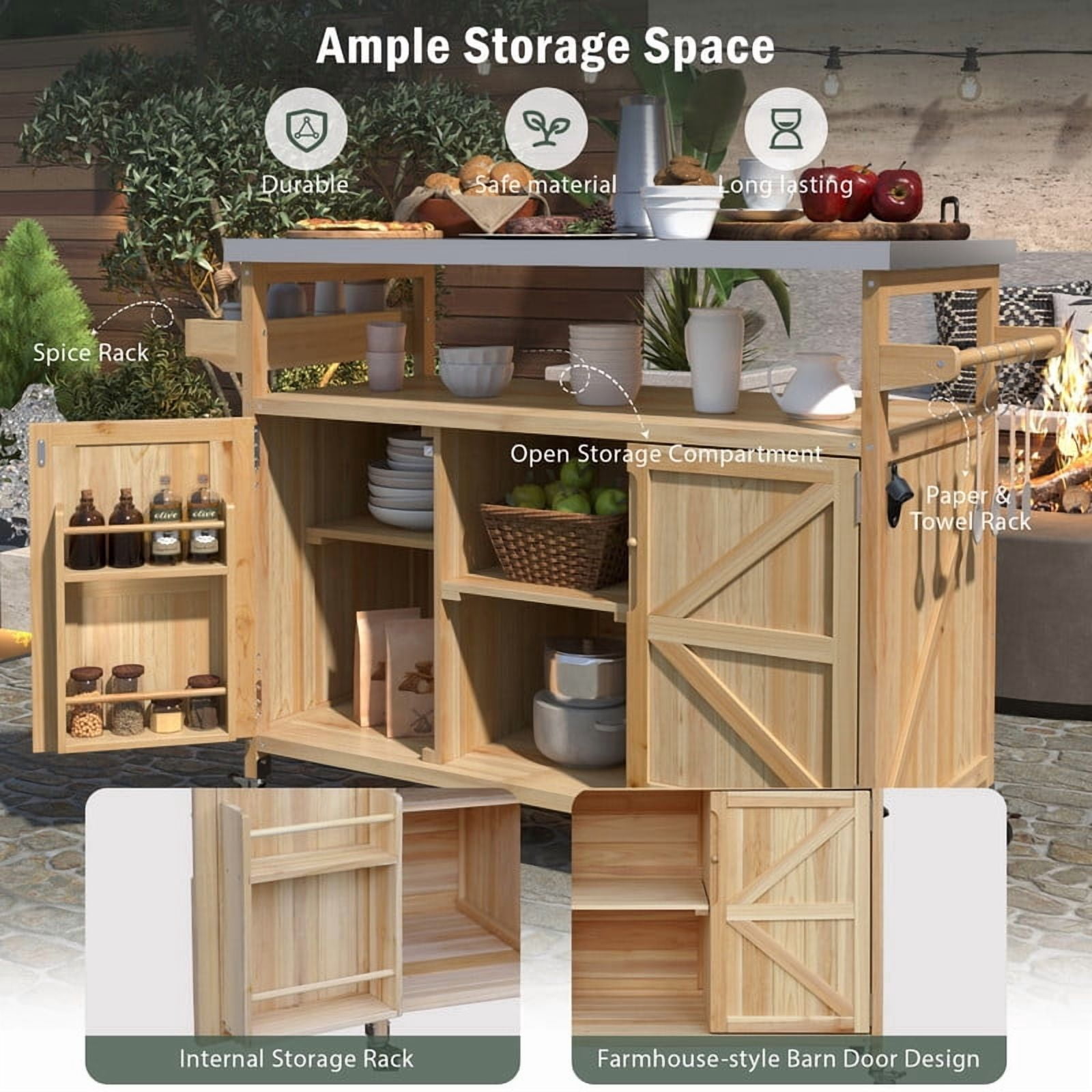 Outdoor Kitchen Island with Stainless Steel Top, Wood Grill Cart Storage Cabinet with Adjustable Shelf, Outdoor Grill Table with Spice Rack & Towel Rack