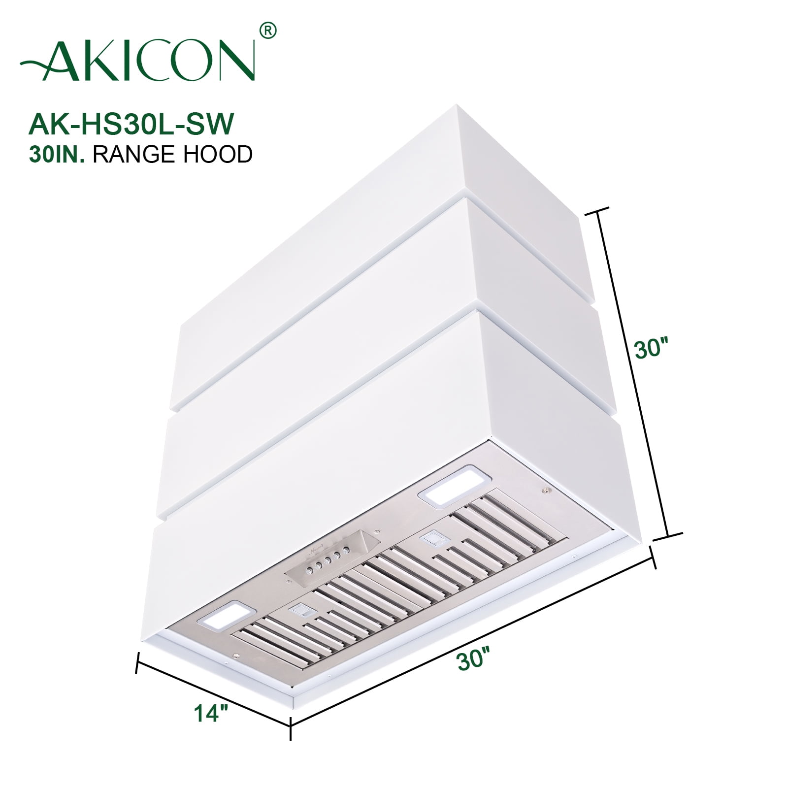 Akicon 30" Stainless Steel Range Hood, 3 Stacks Modern Box Ducted Kitchen Hood with Powerful Vent Motor, Wall Mount, 30"W*30"H*14"D, Signal White