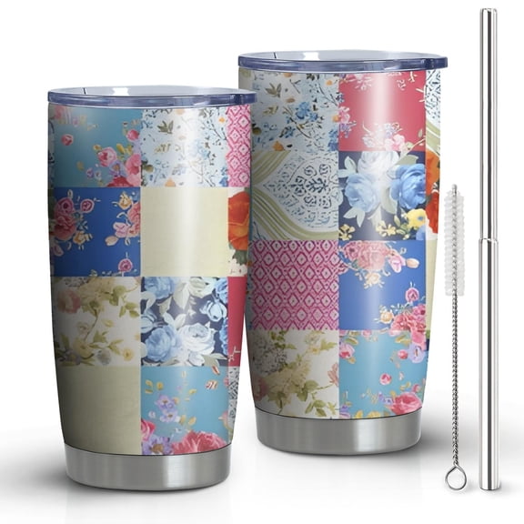 20oz Tumblers Patchwork Pioneer Flower Stainless Steel Vacuum Insulated Double Wall Travel Tumbler Cups Mug with Lid and Straw,Cleaning Brush for Cold & Hot Drinks