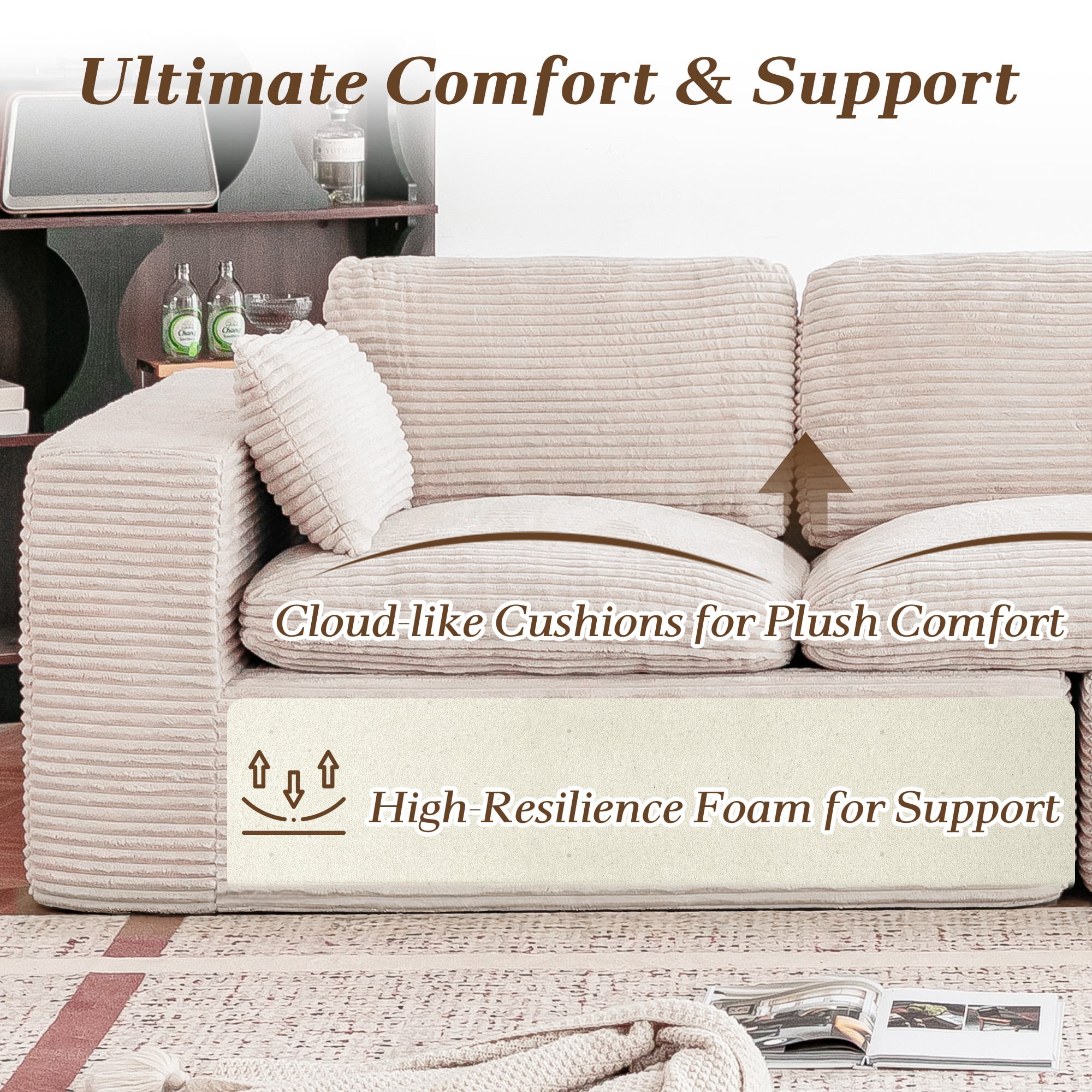 YODOLLA 110" Oversized Boneless Couch for Living Room,Cloud Sectional Sofa with Fluffy Corduroy Seat Cushions, 3 Seater Upholstered Floor Sofa, No Assembly Required, Beige