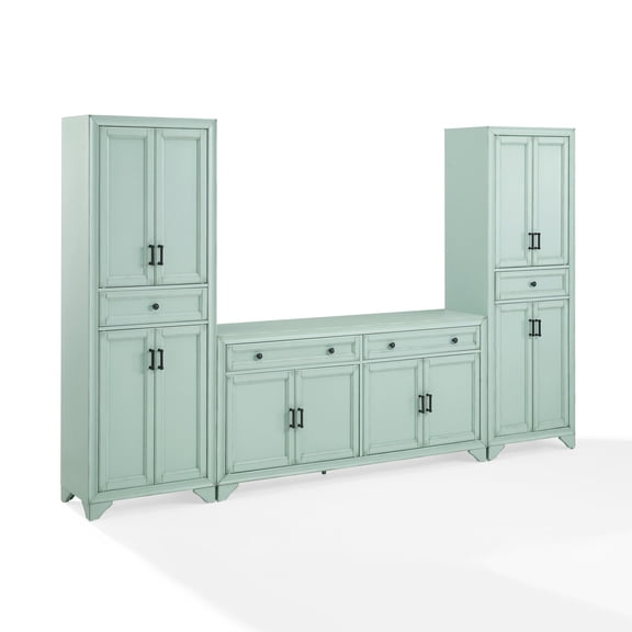 Crosley Furniture Tara 3Pc Sideboard And Pantry Set in Distressed Seafoam Blue