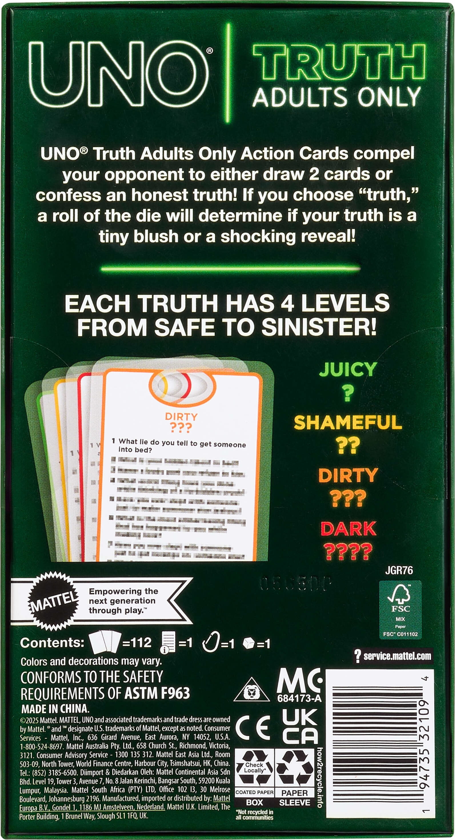UNO Truth Adults Only Card Game, 4-Level Raciness Play for Travel, Dorm, Camping & Party
