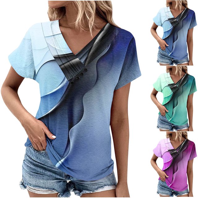 JURANMO Women's V Neck T Shirts 2024 Summer Fashion Graphic Tees Short Sleeve Casual Going Out Shirts Mid Length Tunics Lightning Deals Green M