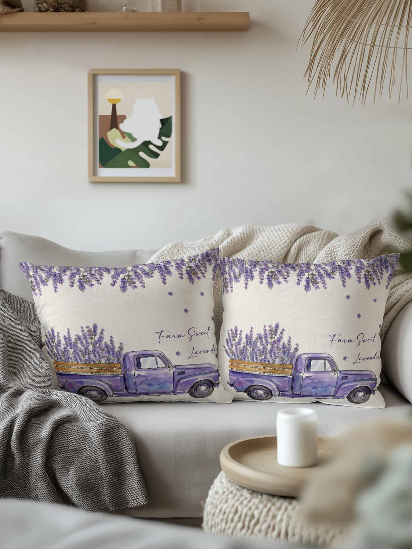 Outdoor Throw Pillow Set of 2, Purple Lavender Waterproof Pillow with Insert Included, Spring Floral Flowers Truck Farmhouse Beige Decorative Accent Cushion Sofa Pillows for Patio Porch, 16 x 16 In
