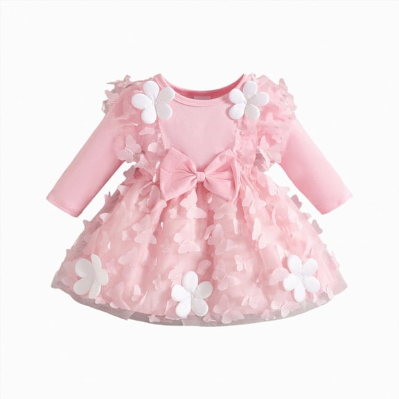 JUMEYU Newborn Baby Girls Knit Butterfly Mesh Dress Long Sleeve Lace Ruffle Romper Outfit 0 3 Months (Pink,0-3 Months)