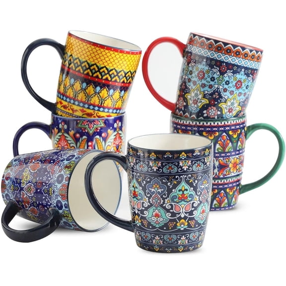 Hasense Coffee Mugs Set of 6, 16 oz Large Ceramic Coffee Cups with Handles, Bohemian Style for Latte, Cappuccino, Milk, Hot Cocoa & Tea, Dishwasher and Microwave Safe