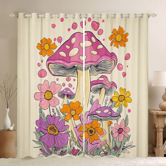 Homewish Kawaii Floral Mushroom Black Out Curtains for Female Men Women,Botanical Plants Curtains Pack of 2 (42x63 Each),Vintage Aesthetic Bedroom Curtains,Lightweight Room Decor