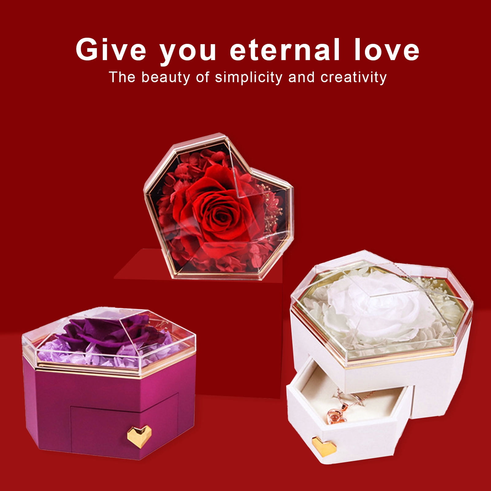 Pebbuoy Eternal Rose Necklace Box Gift Acrylic Jewelry Drawer Box Preserved Roses Christmas Jewelry Case Mother Day Jewelry Box