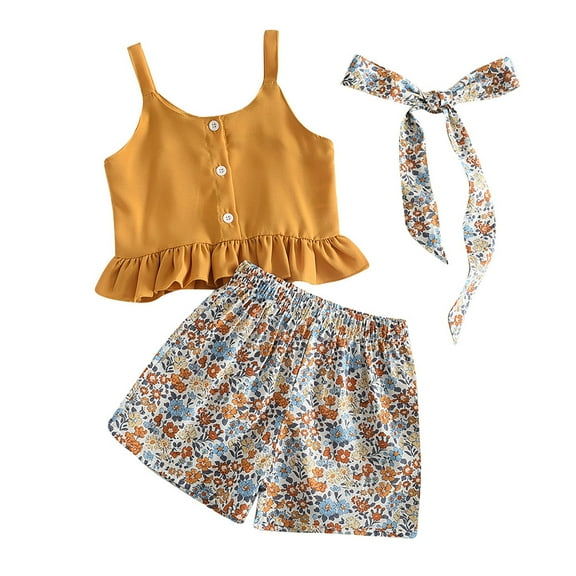 EnJoCho Baby Items Toddler Girls Yellow Solid Color Button Decorated Ruffle Suspenders and Floral Pattern Shorts with Floral Headband Summer Girls Trendy Clothing Set 6 Years