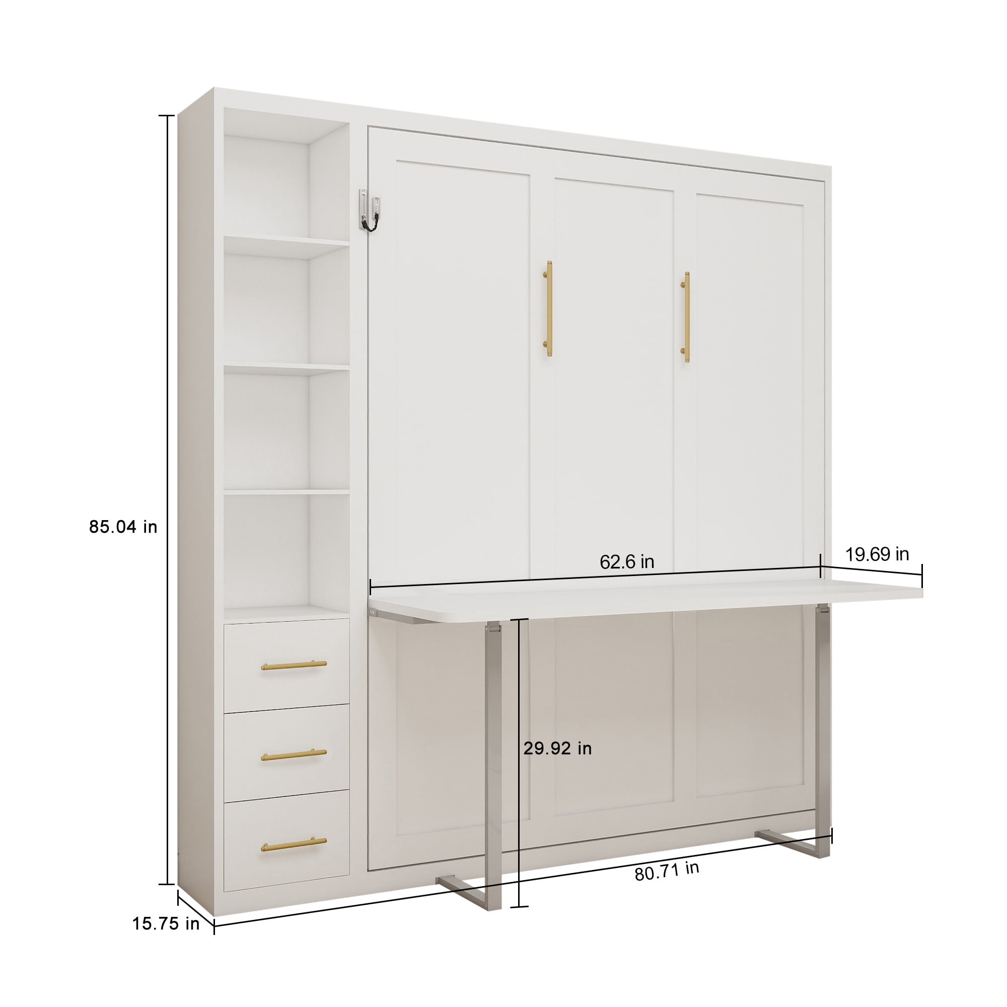 Queen Size Murphy Wall Bed with Desk and Side Cabinet, Foldable Wall Bed with Automatic Leg and Hydraulic System, Space-Saving Cabinet Bed for Home Office, Bedroom, White