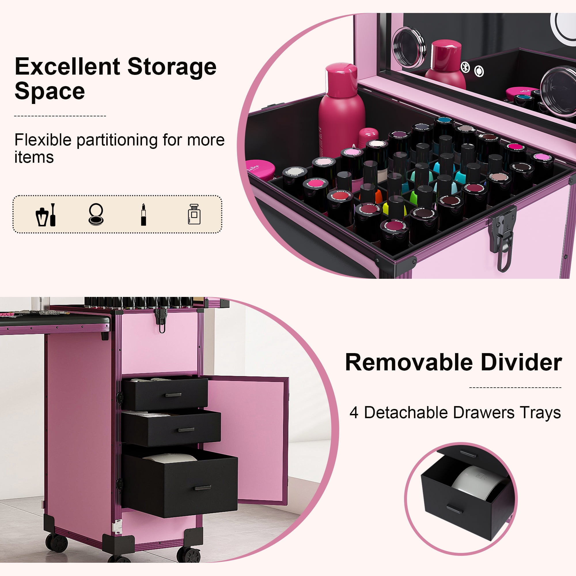 Aukfa Rolling Portable Manicure Table,Folding Nail Table with LED Mirro,Wireless Speaker & Lockable Drawers for Home & Mobile Salon,Pink