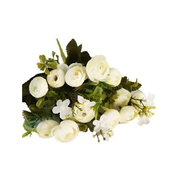 Sweet Home Deco 11'' Silk Baby Ranunculus Artificial Flower Bush Small Flower Bush Set of 2 Wedding/Home Decorations (White)