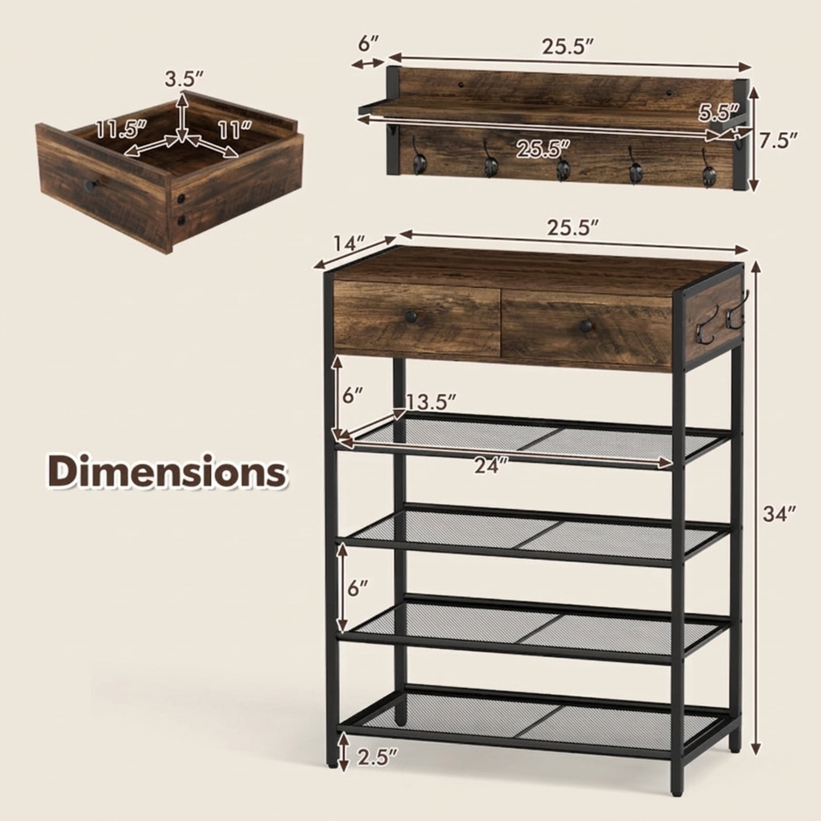 Furnibear 2 Piece Coat and Hat Rack Shoe Stand Set with Wall Mounted Hanger 5 Hooks Floating Shelf 2 Drawers and 4 Mesh Shelves for Entryway, Brown