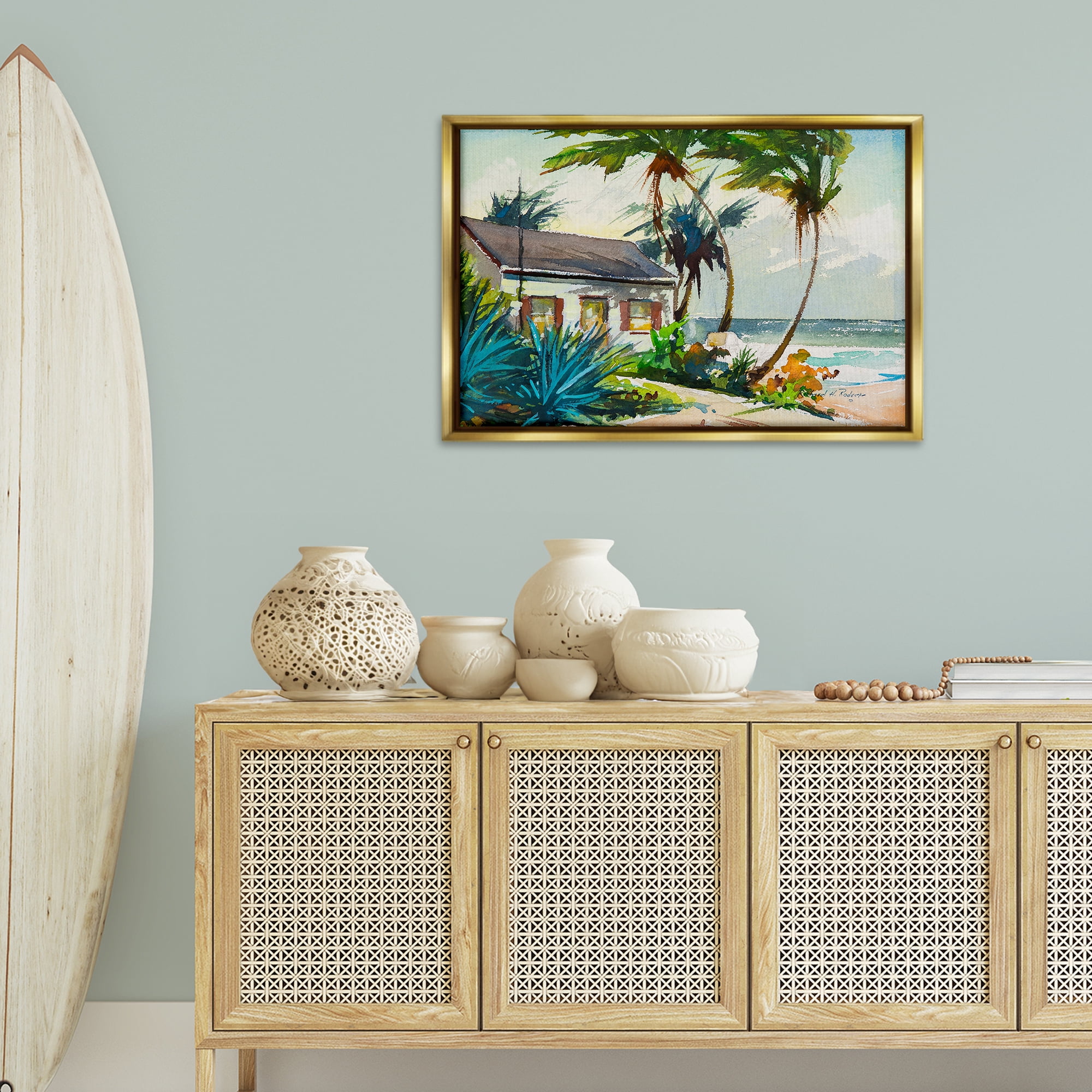 Stupell Industries Windswept Palms Cottage Landscape & Nature Painting Gold Floater Framed Canvas Art Print Wall Art, 31 x 21