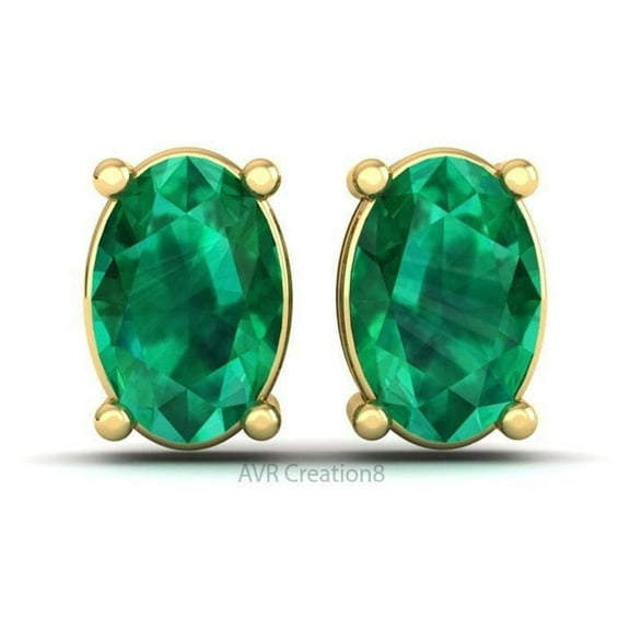 Oval Cut Green Emerald Stud Earrings for Women, Minimalist May Birthstone, 925 Sterling Silver Jewelry Gift