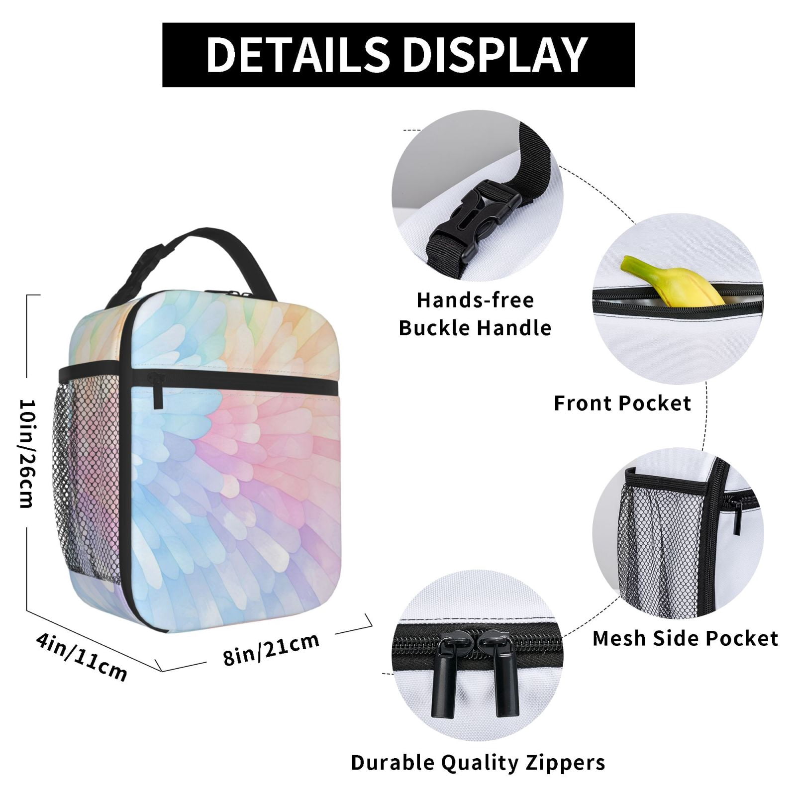 Lunch Bag For Women Men Insulated Portable Lunch Box Bento Box Office Picnic Travel Cooler Bag Gray Tie-Dye Background Rainbow Colors_4