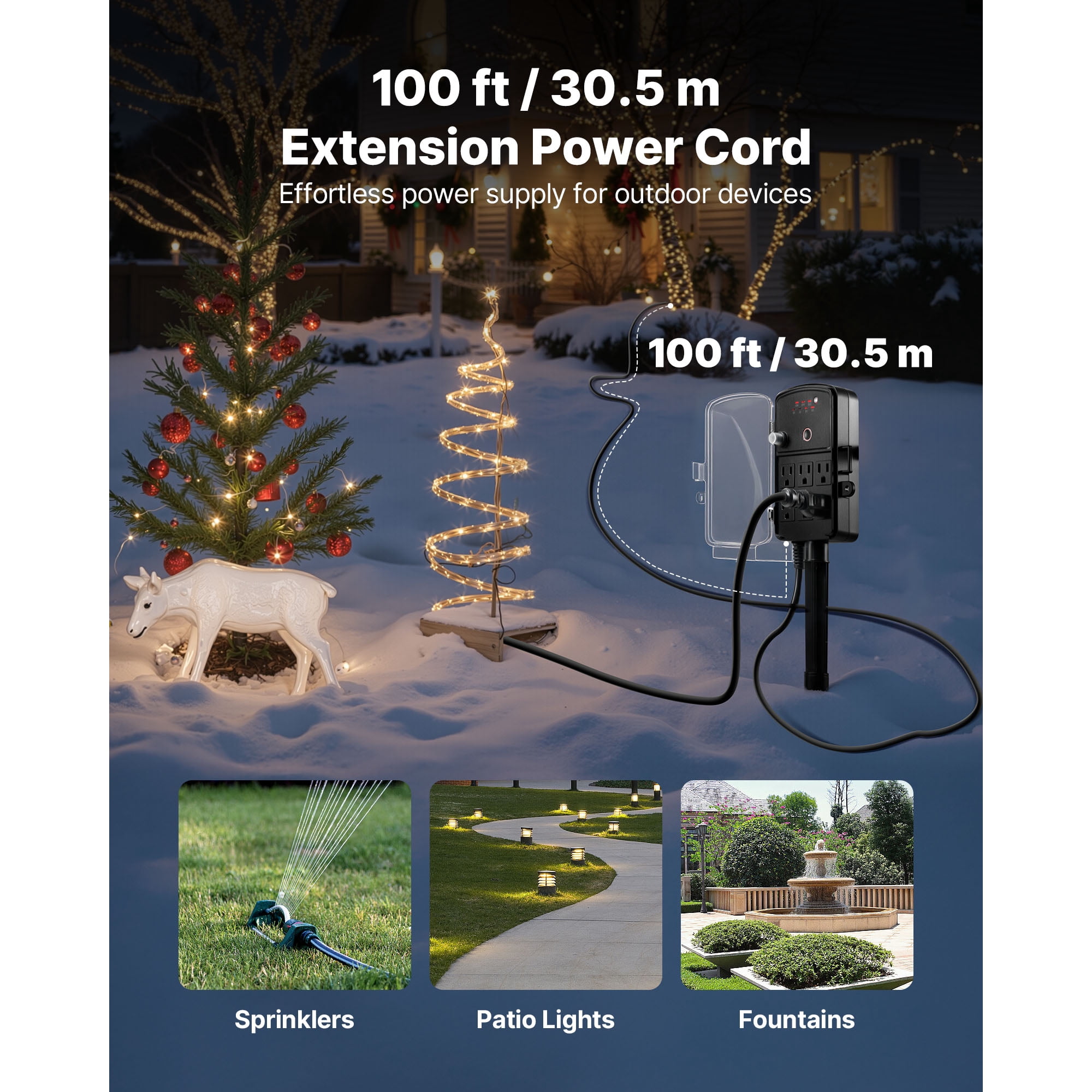 KFFKFF Outdoor Power Stake with 100FT Extension Cord, Weather-Resistant Power Strip with Cover, Remote-Controlled Light Timer, 6 Outlets, 1625W/13A, Ideal for Holiday Decorations and Garden Use