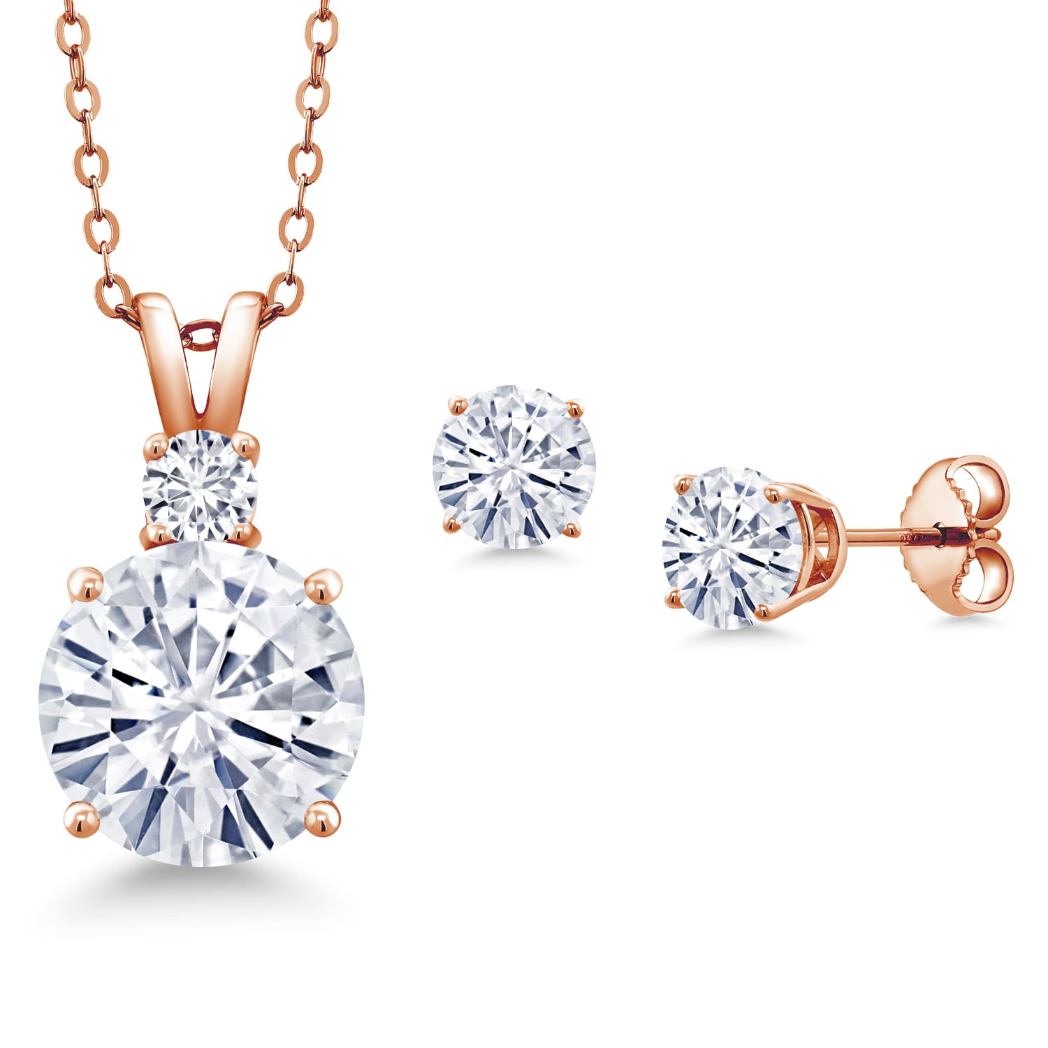 Gem Stone King 18K Rose Gold Plated Silver Round White Moissanite and White Lab Grown Diamond Pendant and Earrings Jewelry Set for Women (5.17 Cttw, Gemstone Birthstone, with 18 inch Chain)