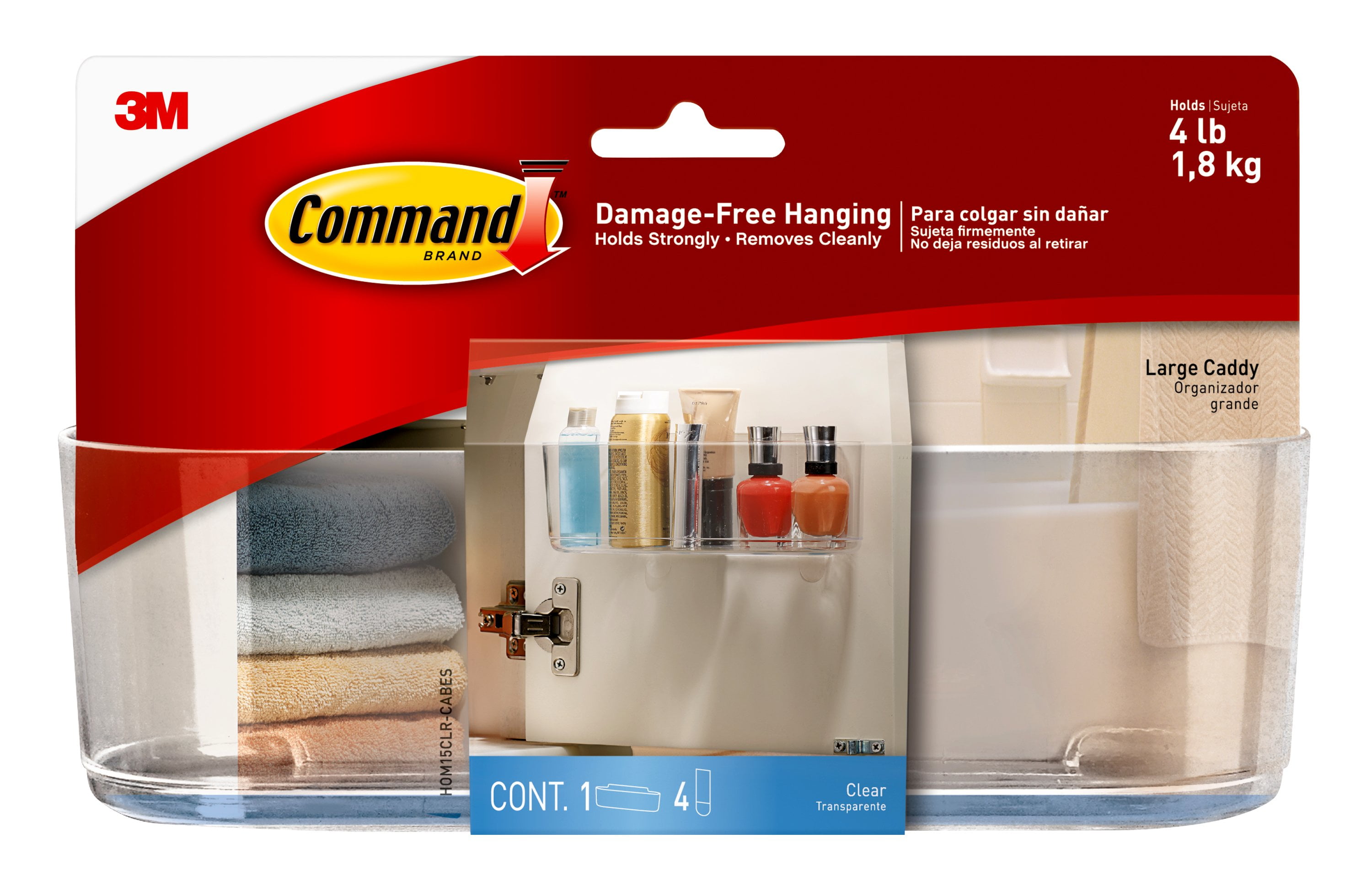 Command Clear Caddy with Clear Strips, Large, 1 Caddy, 4 Strips